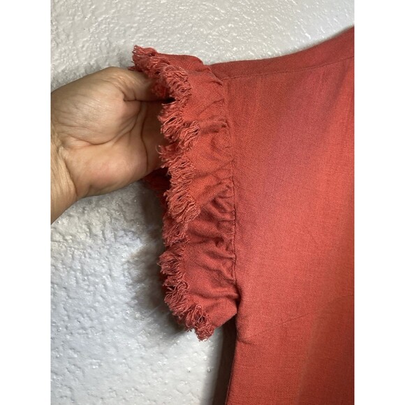 Umgee Linen Blend Top Size M Rust Burnt Orange Short Sleeve Raw Frayed Hem Boho - Picture 3 of 8